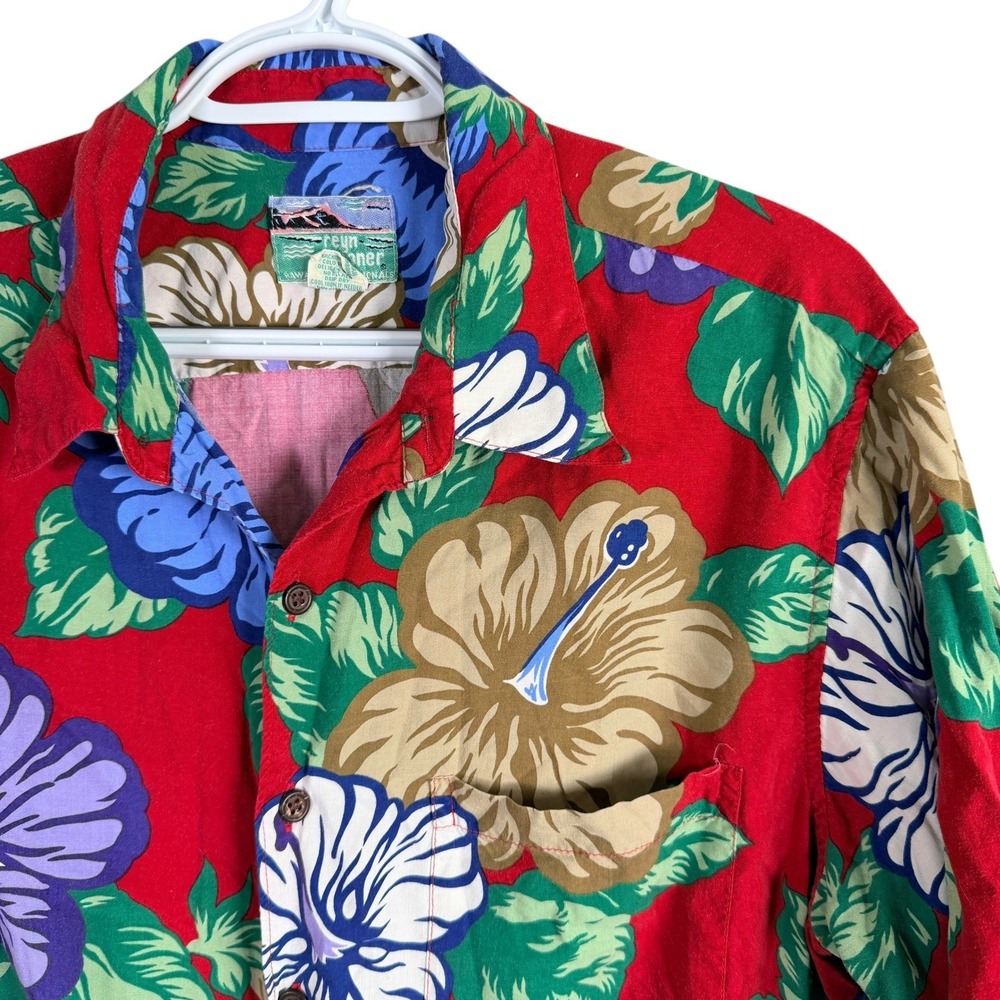 Vintage Reyn Spooner Hawaiian Shirt Mens L Red Floral Hibiscus Spun Rayon Aloha